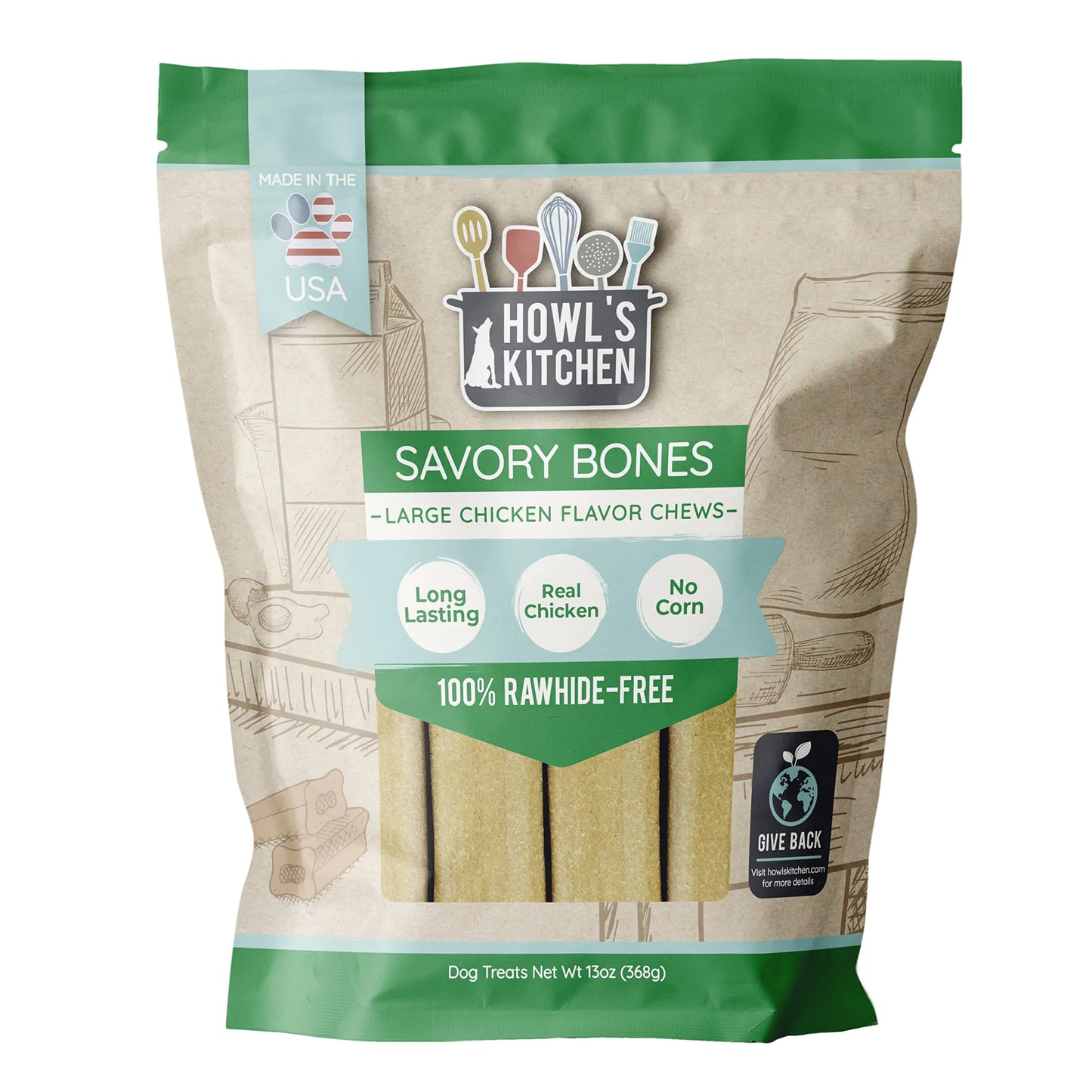 Howls Kitchen Dog Treats Savory Bones Chicken Large Brown (AT362)