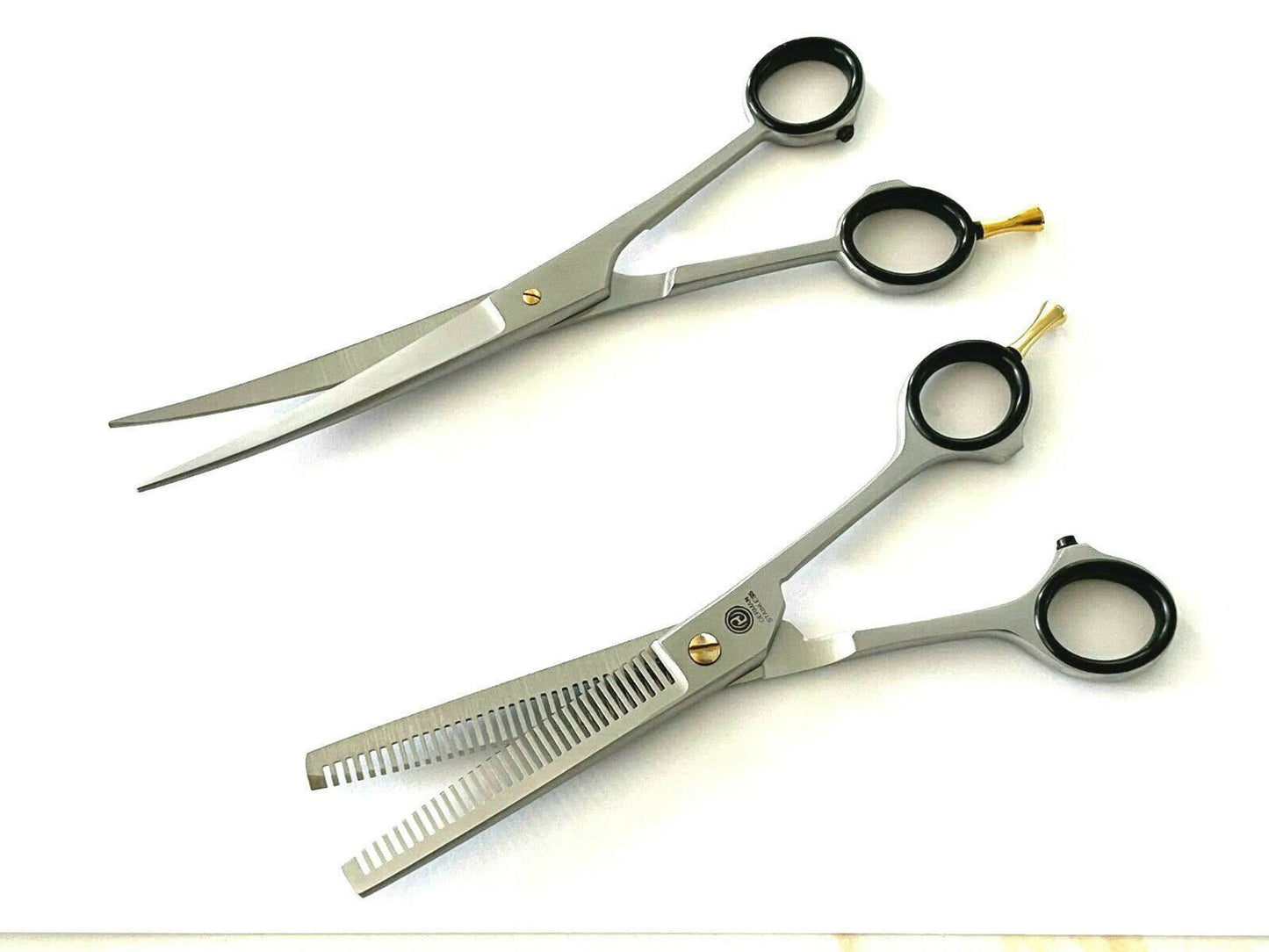 German Curved Barber Hair Trimming Scissors + Double Teeth Thinning Shears Hashir's
