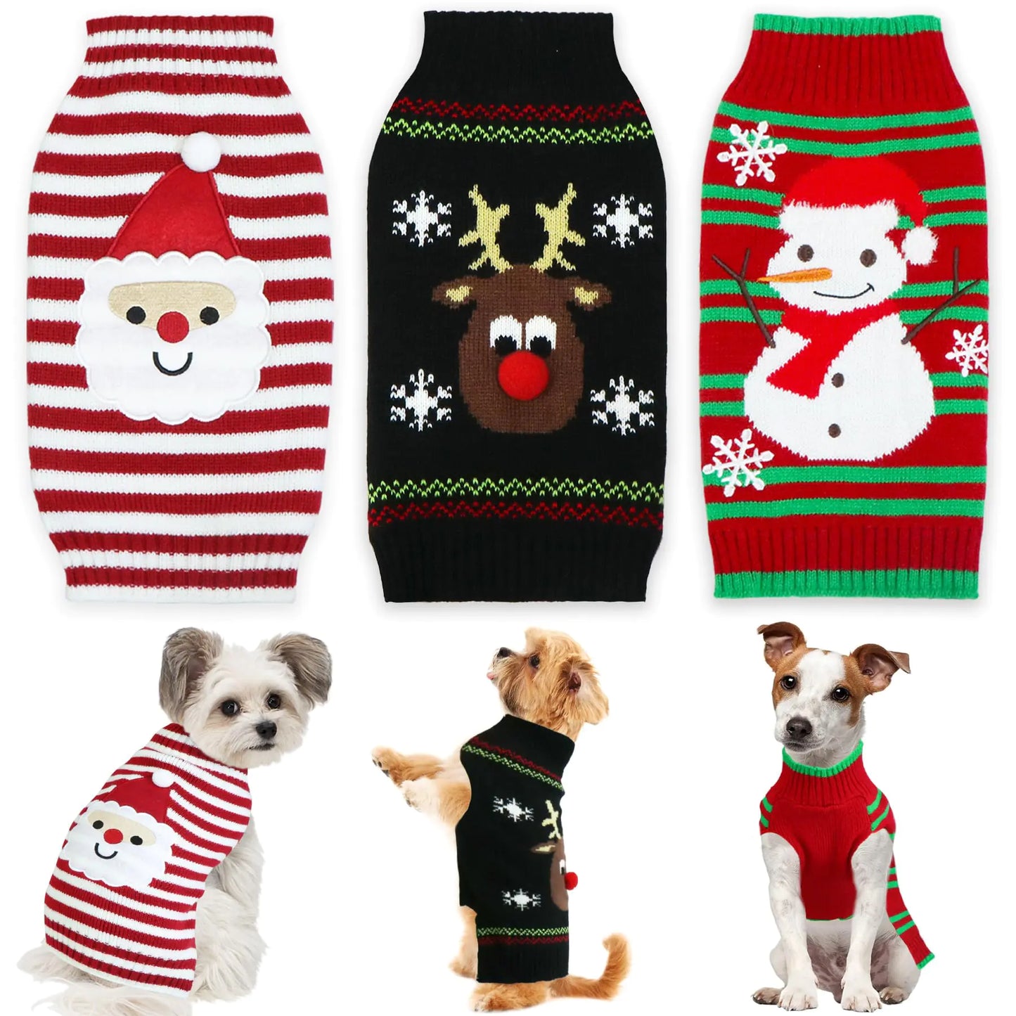 3-Pack Dog Christmas Sweaters – Santa, Reindeer & Snowman Knit Outfits