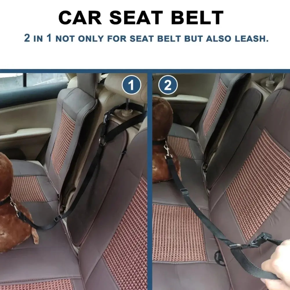 The adjustable pet car seat belt attached to a dog and the car seat and also being held by someone.