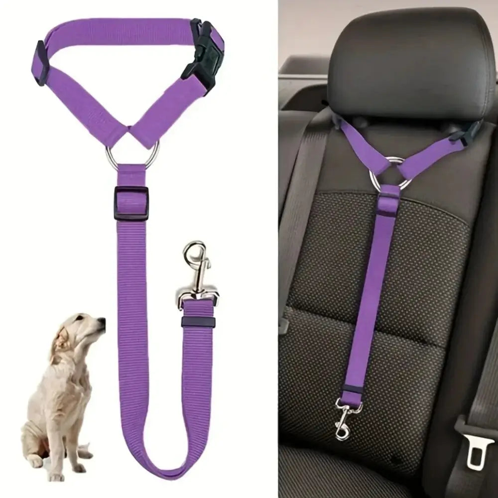 The adjustable pet car seat belt harness for dogs in purple and a small picture of a dog. The seat belt attached to a car seat.