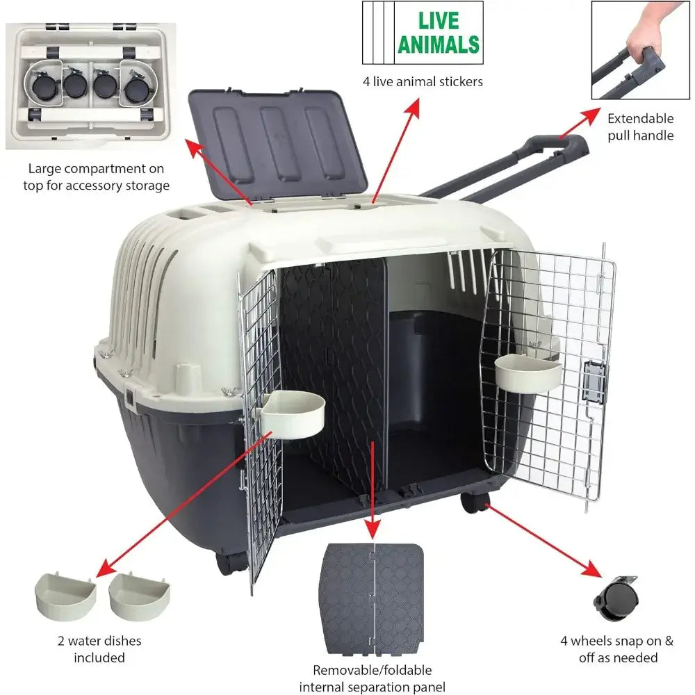 The airline approved travel crate and its attachments and features. Large compartment on top for storage, 4 "live animal" stickers, extendable pull handle, 2 water dishes, middle separation panel and 4 snap on & off wheels.