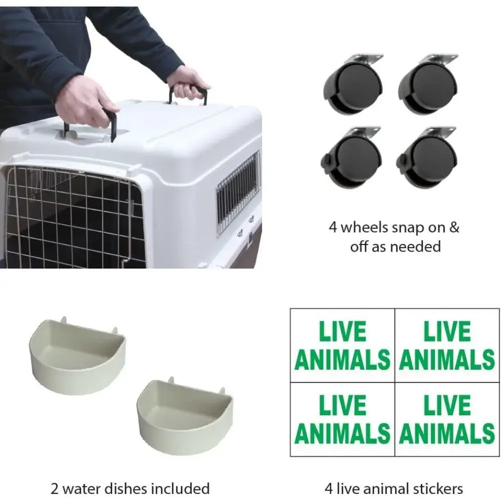 The airline approved travel crate and its attachments. 4 snap on & off wheels, 2 water dishes and 4 "live animals" stickers.