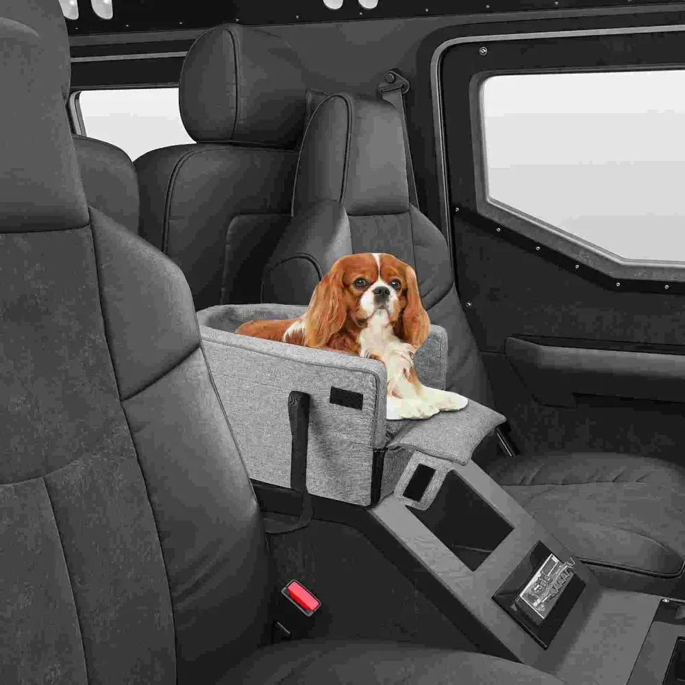 The console dog car seat inside a car containing a dog.