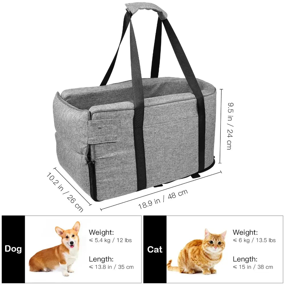 The armrest pet car booster seat and its dimensions. 18.9in/48cm in length, 10.2in/26cm in width and 9.5in/24cm in height.