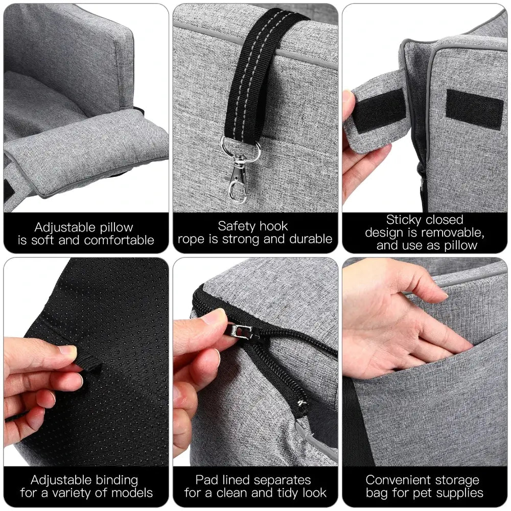 6 images showing the armrest pet car booster seats features. Adjustable pillow, safety hook, sticky closed design, adjustable binding, pad lined and convenient storage.