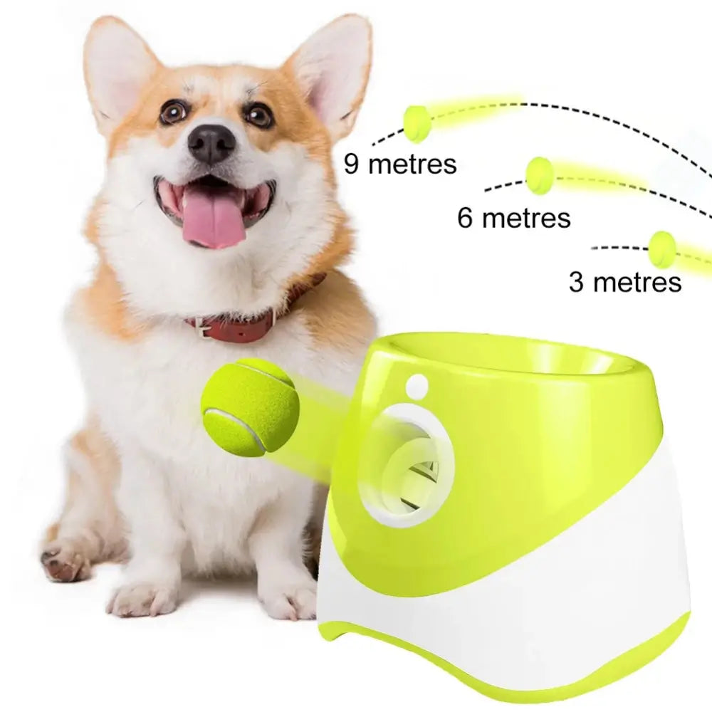 The ball thrower machine for dogs and a dog sitting next to it. The device is capable of throwing a ball at a distance of 9, 6 and 3 meters.