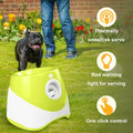 The automatic tennis ball launcher, 3 graphics stating 3 its features. Thermally sensitive serve, red warning light for serving and a one click control.