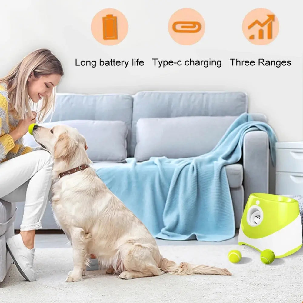 The automatic tennis ball launcher in a living room. A woman sits next to her dog with a ball in its mouth. 3 graphics stating 3 of its features. Long battery life, type-c charging and three ranges.