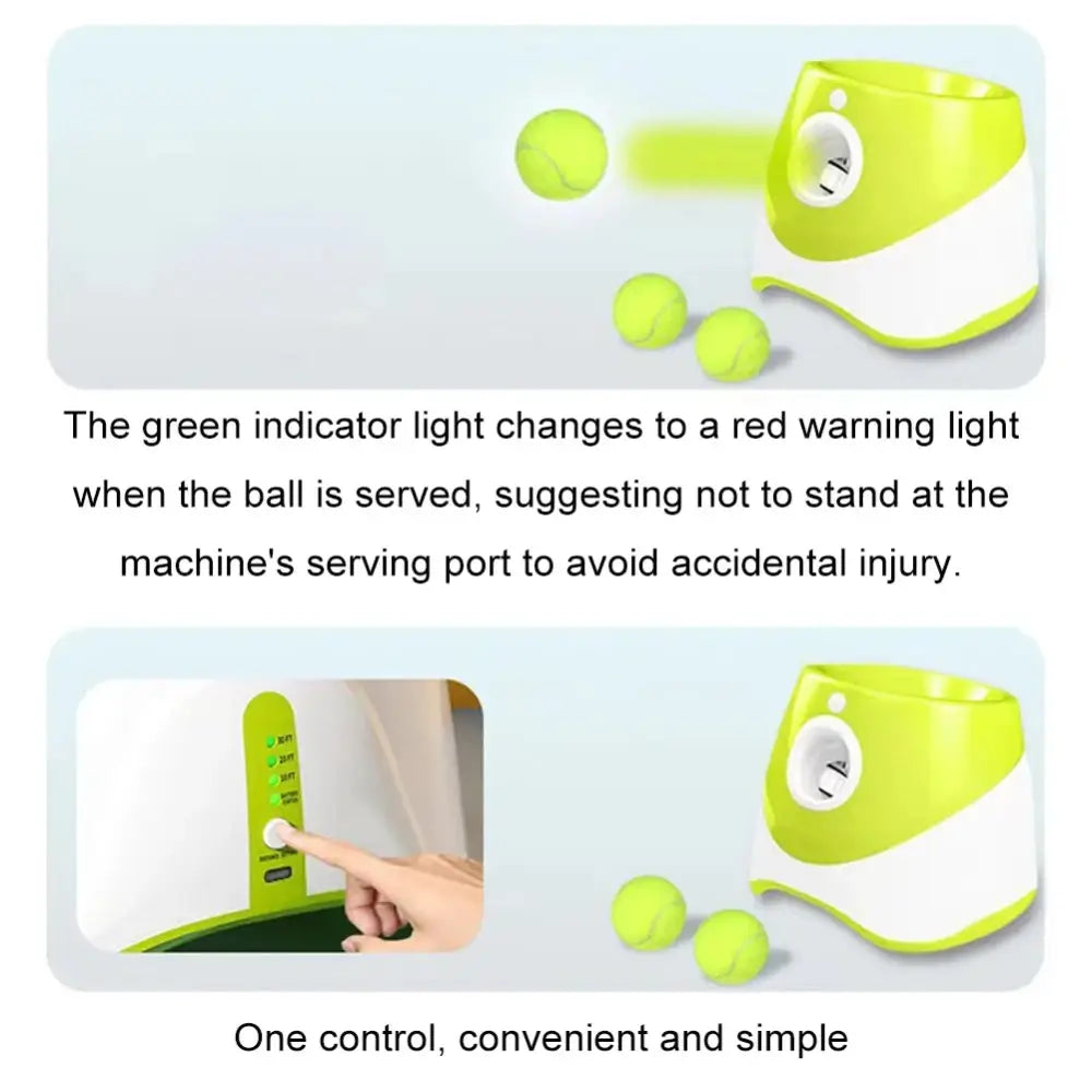 The automatic tennis ball launcher. Text stating that the green indicator light changes to a red light when the ball is served. One control device.