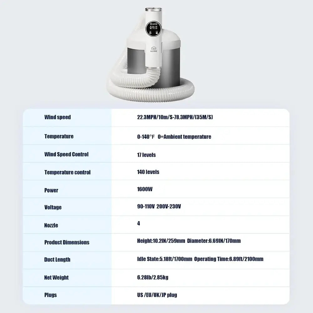 The low noise pet blow dryer and its specifications chart.