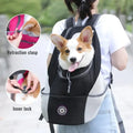 A woman wearing the black outdoor portable pet backpack containing a dog. 2 graphics of the pet carrier bags retraction clasp and inner lock. 