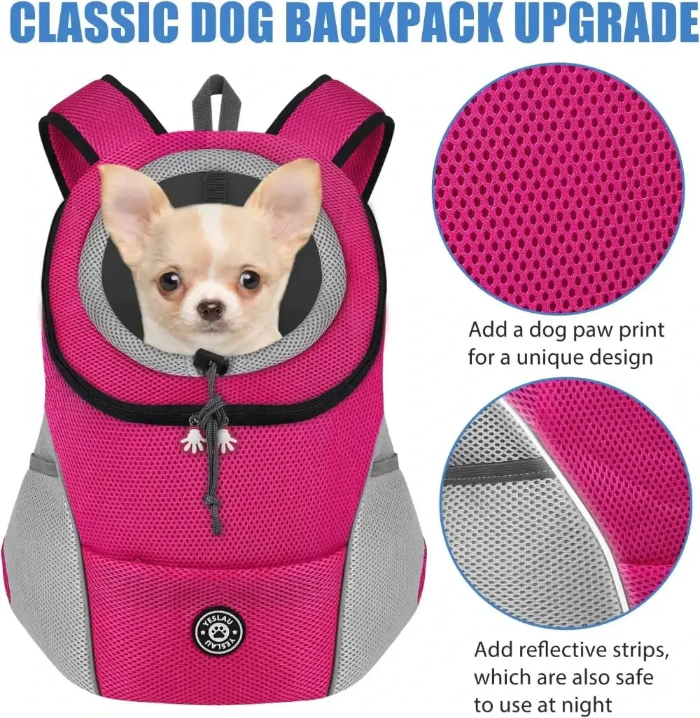 A dog in the pink pet carrier bag. 2 graphics stating you can add a dog paw print or reflective strips as a unique upgrade.