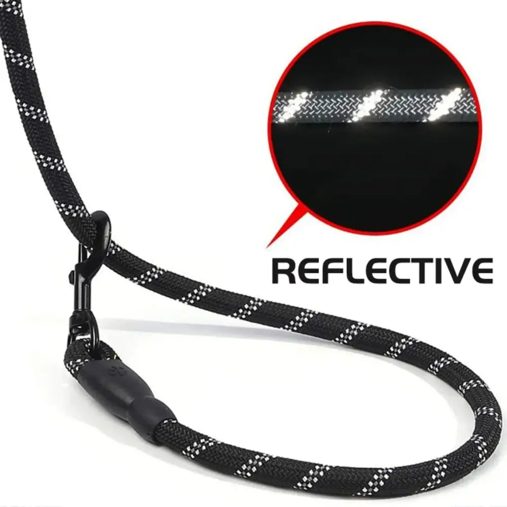 The reflective traction dog leash, displaying its reflective design.